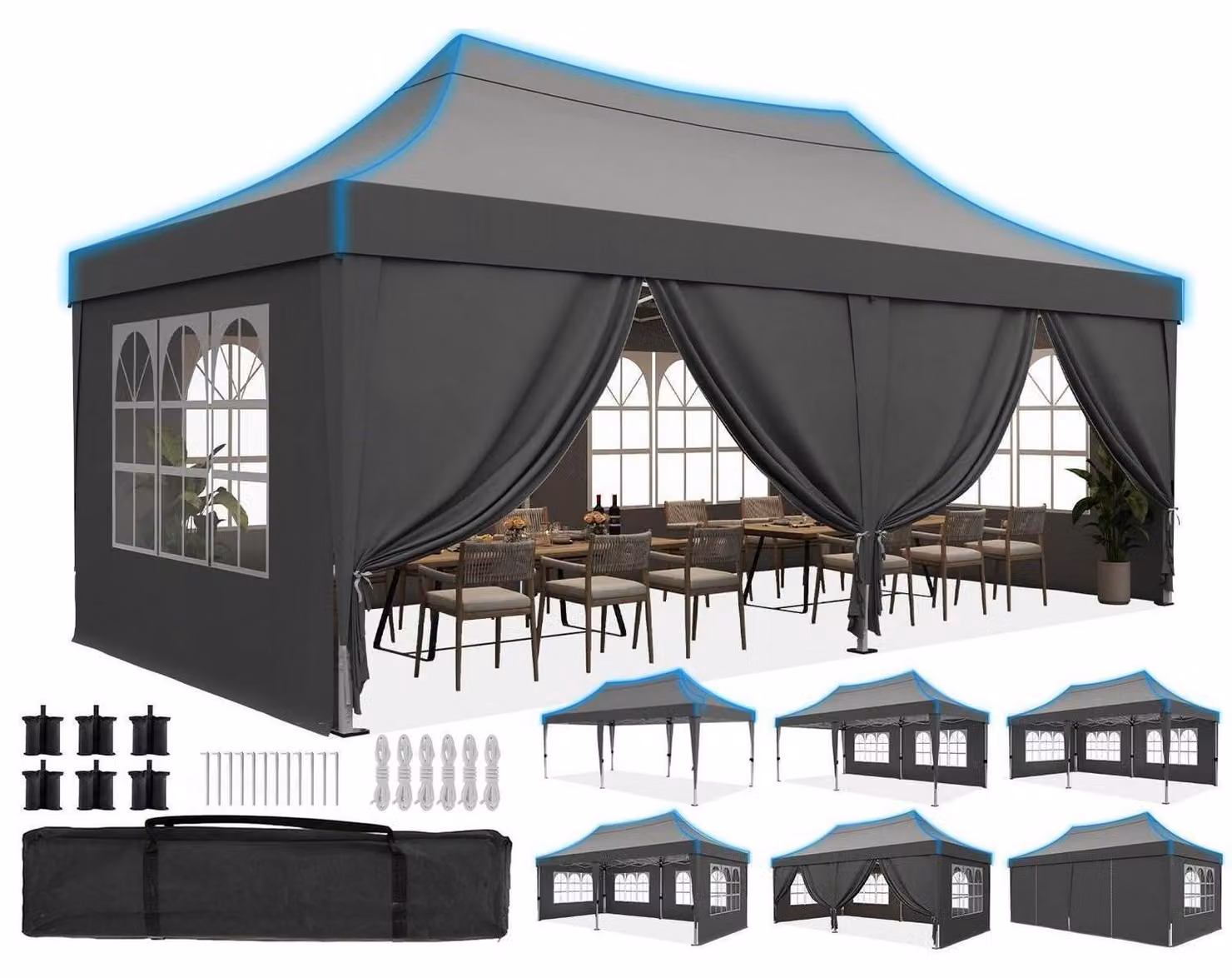 Tenda da giardino 3x6 metri, impermeabile, con pareti laterali, protezione UV 50+, struttura in acciaio grigio, tetto a spiovente