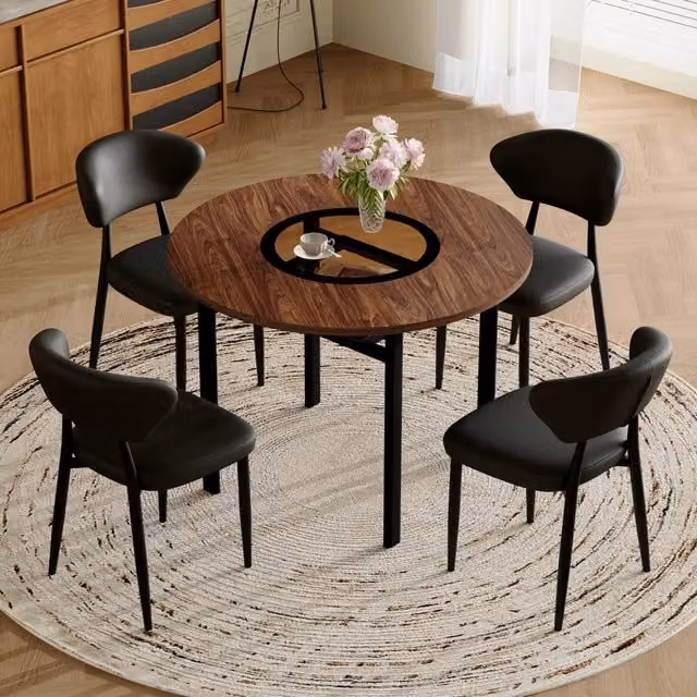 Set tavolo e sedie con tavolo rotondo e 4 sedie per sala da pranzo in vetro, metallo e PU marrone e nero