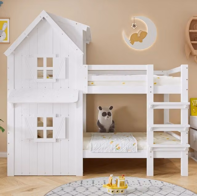 Letto a castello per bambini 90x200 cm con finestre; tetto e scala a 3 gradini; bianco