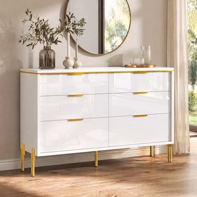 Credenza moderna bianca e oro con 6 cassetti lucidi in MDF per soggiorno e sala da pranzo L: 120 cm, P: 40 cm, H: 85,5 cm