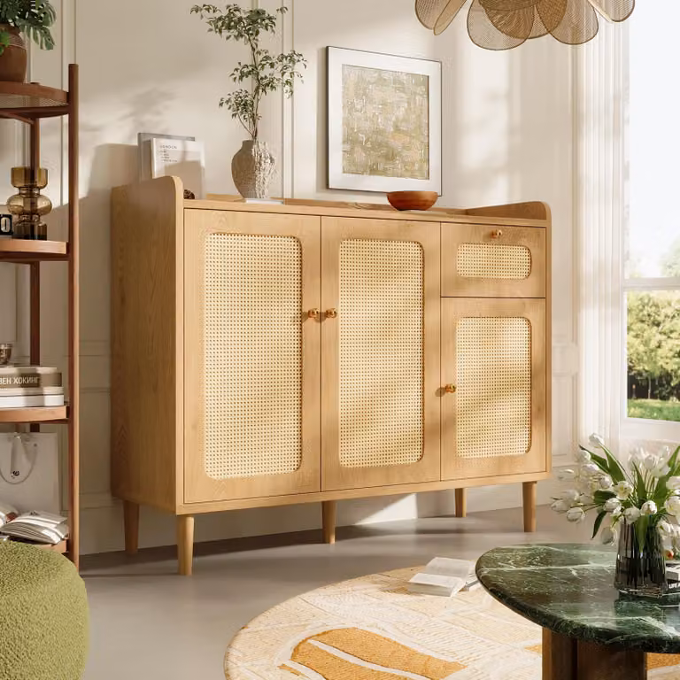 Mobiletto contenitore in rattan intrecciato con cassetto e cerniere con sistema di chiusura ammortizzata, pensile d'ingresso con spazio contenitivo, armadietto portaoggetti in legno di quercia