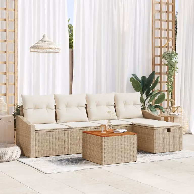 Set Divano da Giardino vidaXL 6 Pezzi a Forma di L con Cuscini Beige e Tavolino in Rattan e Metallo