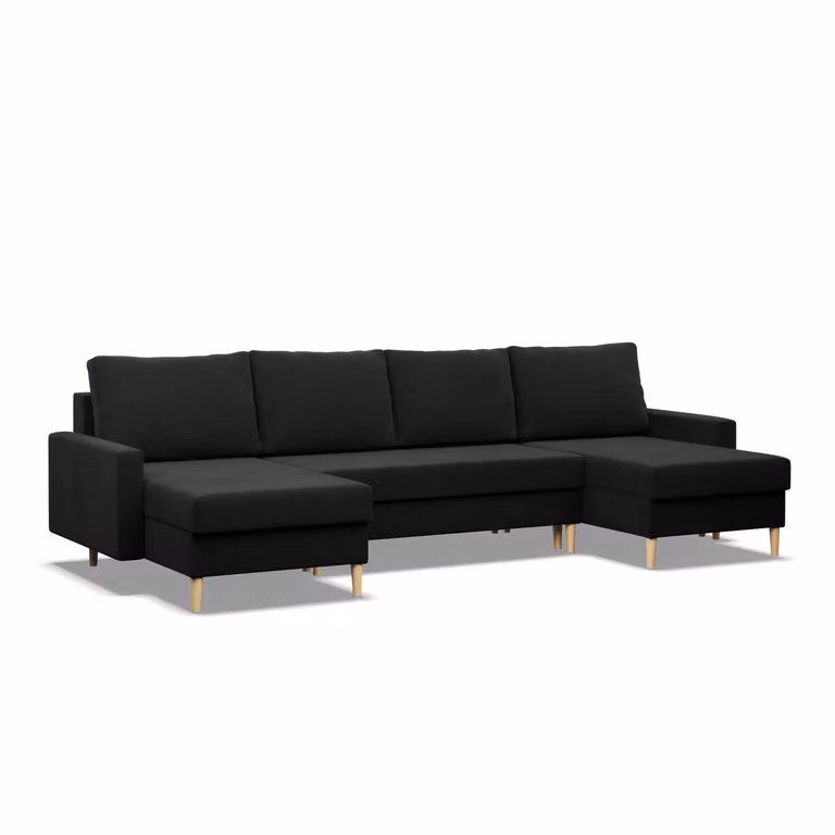 Divano angolare con funzione letto, divano a U BLANK, cuscini reversibili, nero, 294x140cm