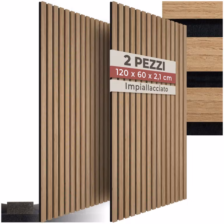 Set di 2 pannelli acustici tectake in MDF con effetto legno marrone, L: 120 cm, P: 2,1 cm, H: 12 cm