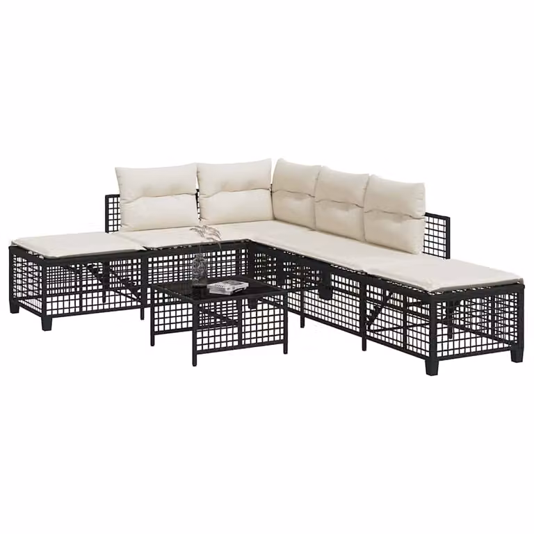 Set di Divani ad Angolo L-Shape vidaXL con Cuscini e Tavolino da Giardino in Polyrattan e Metallo Nero e Bianco