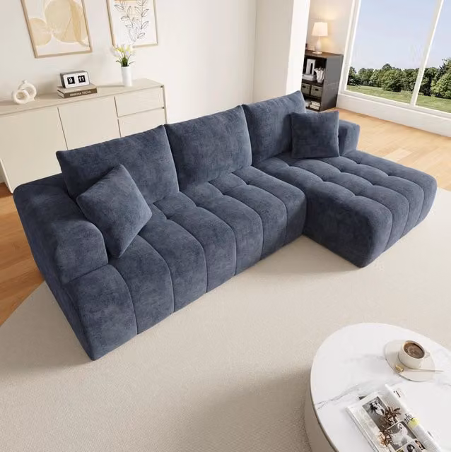 Sofa modulare angolare a L 244;5x136x79 cm in chenille blu; design senza telaio; 3-4 posti