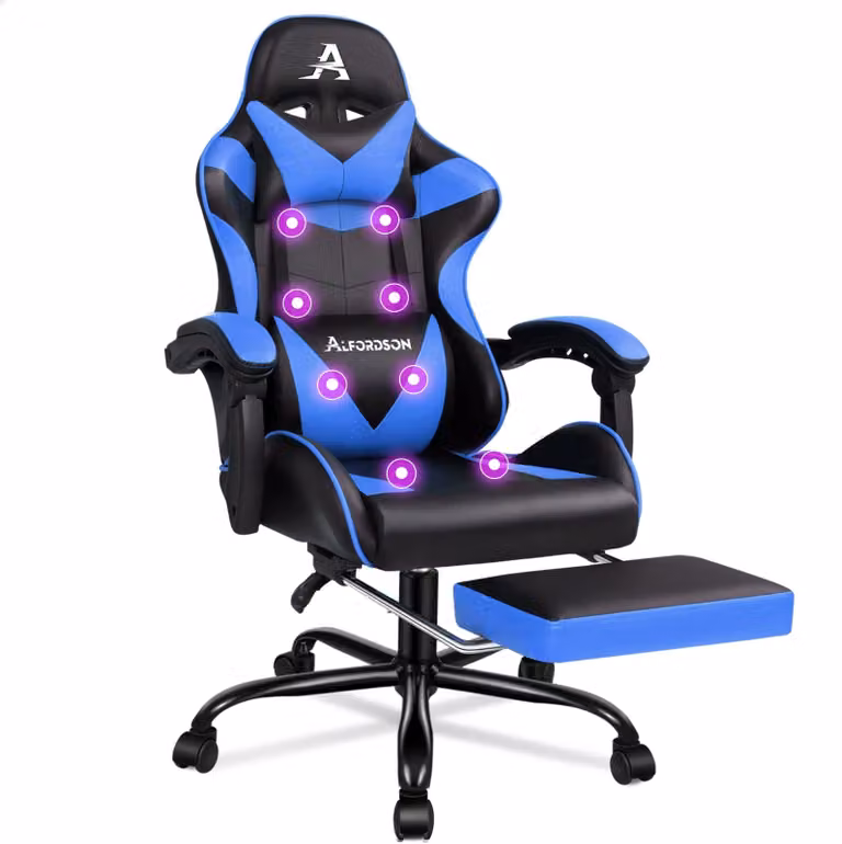 Sedia da ufficio con funzione massaggio - Rivestimento in ecopelle blu - Capacità di carico di 180 kg - Design ergonomico