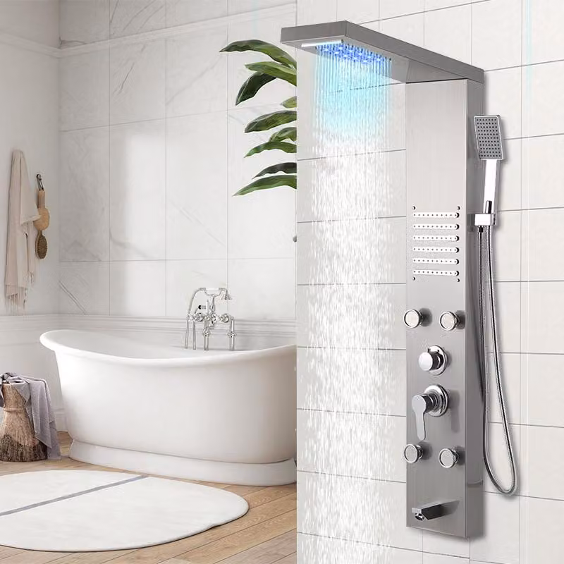 Pannello doccia Ikodm 5 in 1 in acciaio inossidabile 304, colore argento, con doccia a pioggia, getto a cascata, getto massaggio, soffione manuale e rubinetto per vasca, con attacco G1/2