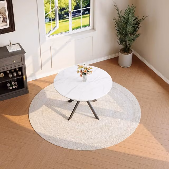 Tavolo da pranzo rotondo in MDF effetto marmo bianco con struttura metallica nera a X per cucina e soggiorno