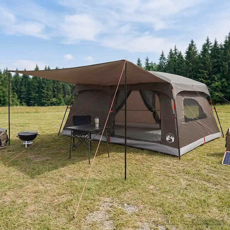 Tenda Familiare vidaXL per 16 persone in Poliestere e Acciaio, Marrone e Grigio, L: 508 cm, P: 405 cm, H: 240 cm