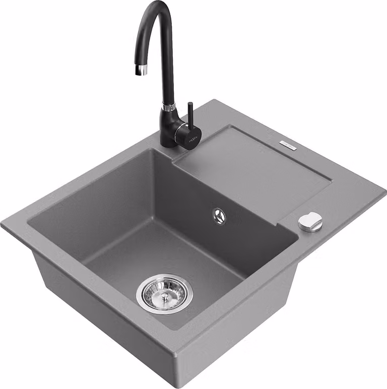 Mexen Enzo lavello in granito 1-vasca con gocciolatoio e miscelatore cucina Telma, grigio - 6506-71-670200-70