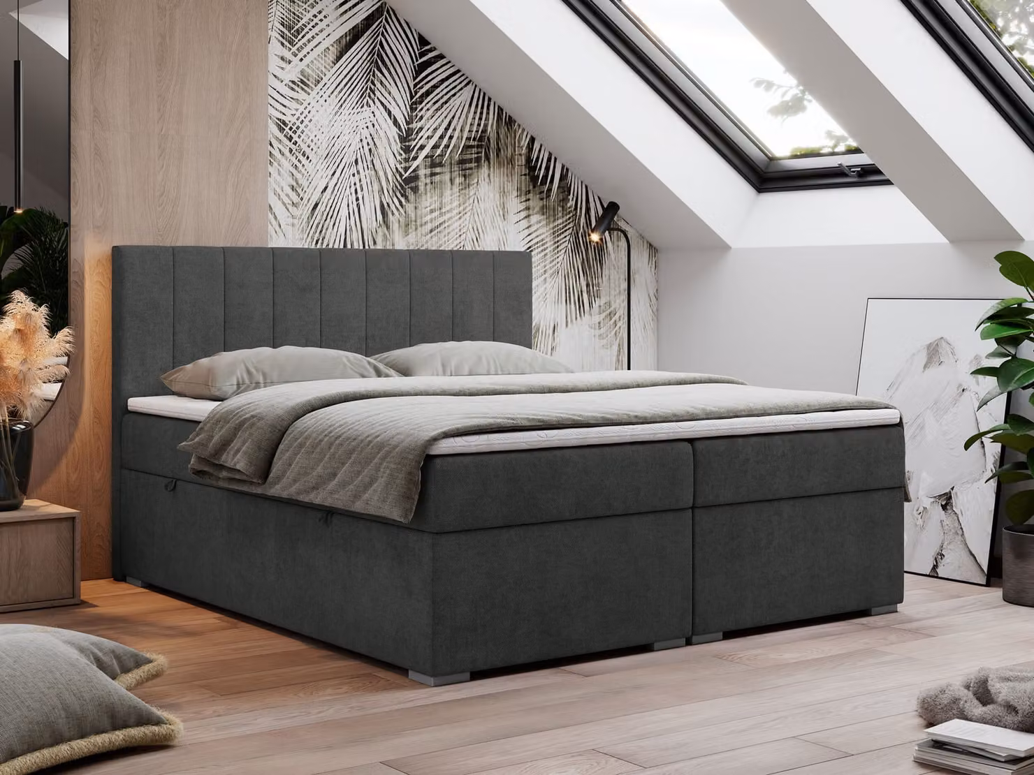 Letto boxspring 180x200, letto 180x200 con materasso e topper, letto boxspring con cassetti, letto matrimoniale - LOPE - 180x200 - Grigio scuro - Strutturato - H4