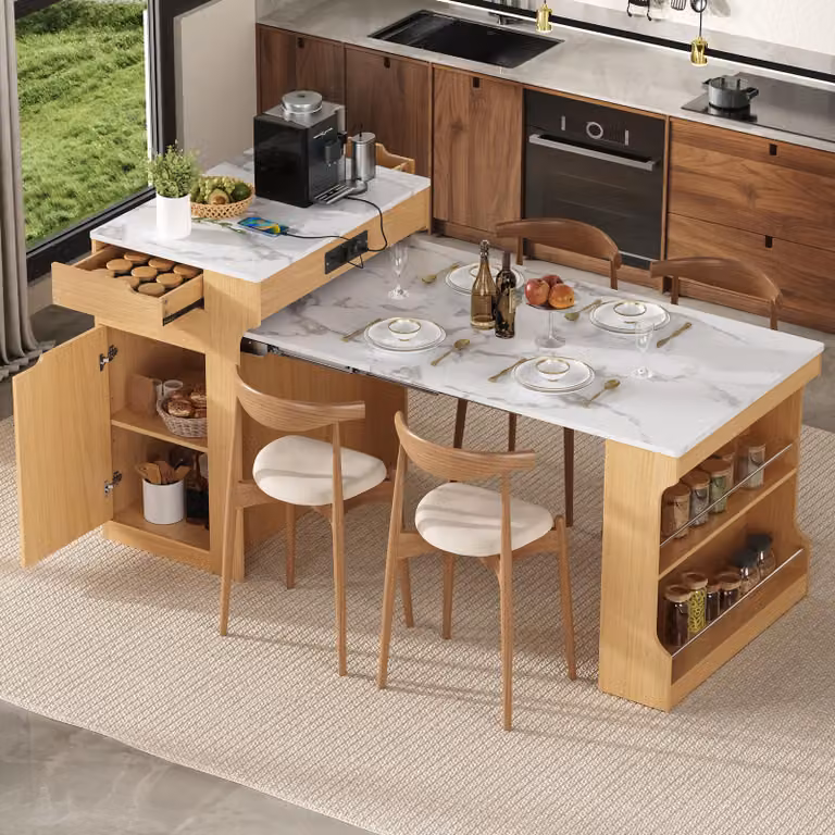 Tavolo allungabile con prese elettriche e due cassetti, ideale come tavolo da bar per cucina o sala da pranzo, dimensioni 55-153x80x93 cm, finitura naturale