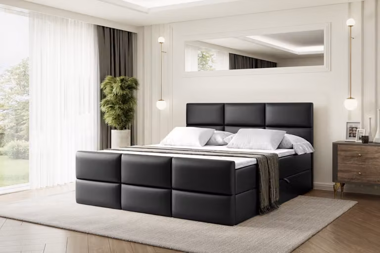 Letto boxspring ALTDECOR con pediera, materasso H3 e topper - 200x200 cm - OHIO-Z - Pelle finta nera - Letto imbottito con contenitore e rete a doghe, letto con spazio contenitivo