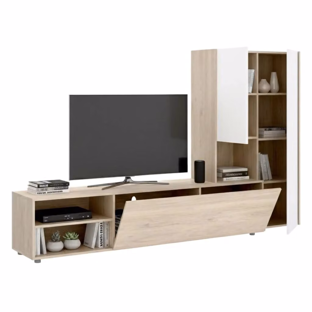Parete attrezzata DMORA per soggiorno e sala da pranzo, mobile moderno con ante a battente e ripiani aperti, Bianco e Rovere – 2