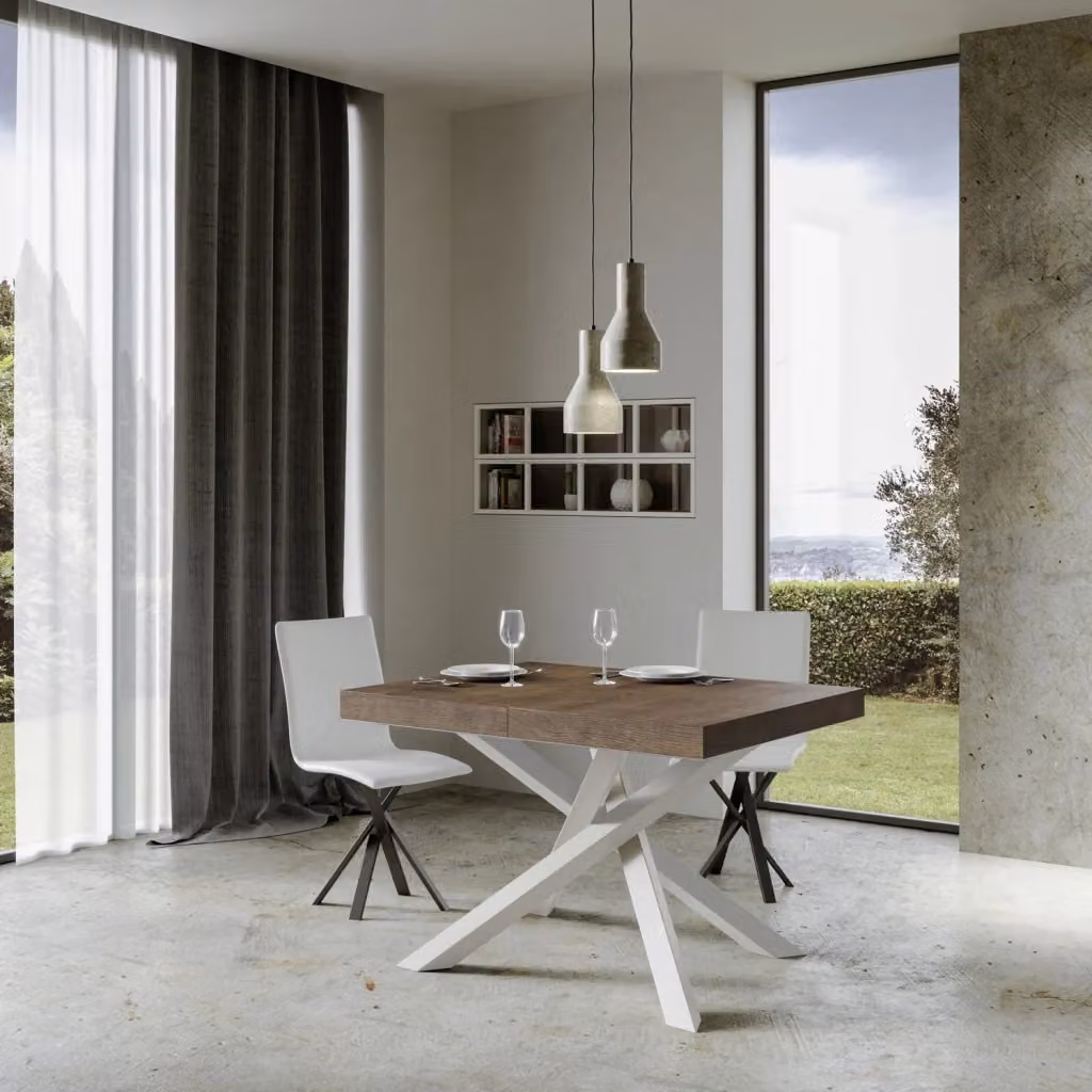 Tavolo allungabile Volta Premium moderno con piano in MDF laminato e telaio in metallo, L/P: 90 x 120/224 cm, Colore noce e bianco – 2
