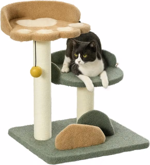 Albero Tiragraffi per Gatti PawHut Aosom con 2 Lettini e Giocattoli Integrati in Velluto, L/P/H: 39 x 39 x 52 cm – 1