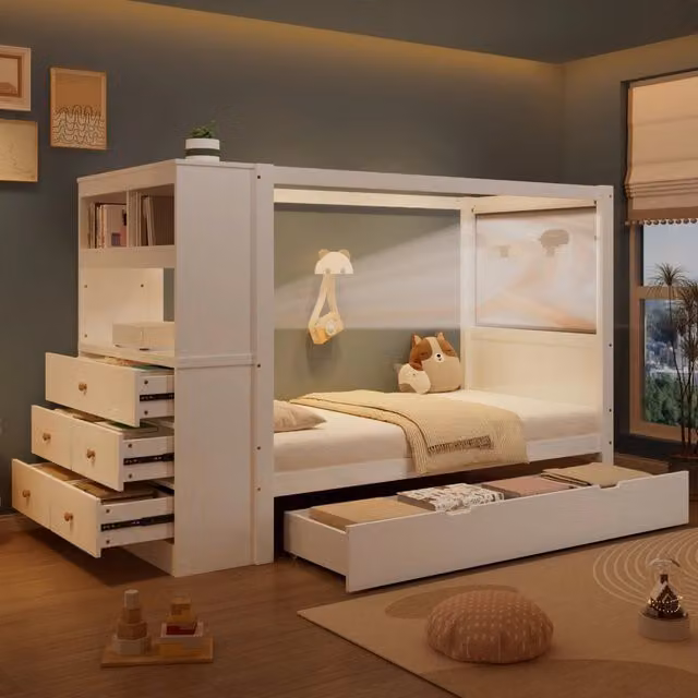 Letto Singolo Bambini con Sponde e Contenitore ¨C MINIMAL ¨C Pino e PB, Bianco/Naturale, 90x200