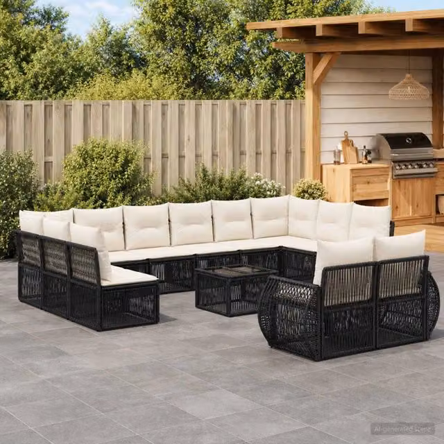 Set Divano da Giardino vidaXL a forma a U composto da 13 pezzi con tavolino e cuscini, Colore Nero e Bianco – 1