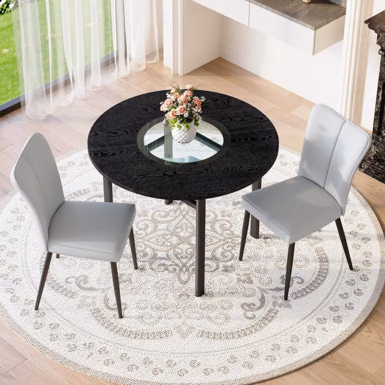 Set tavolo da pranzo STILVORA con 2 sedie in materiale PU, tavolo rotondo con finitura effetto legno nero, set da pranzo con gambe in metallo nero, nei colori grigio chiaro e nero