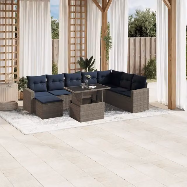 Set Divani da Giardino 9 pz con Cuscini Grigio in Polyrattan 3267471