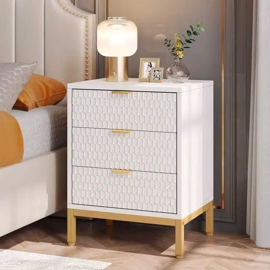 Cassettiera Notturna ZFA Store con 3 Ante e Design Moderno, Colore Bianco e Oro, L 50 cm x P 40 cm x H 65,5 cm