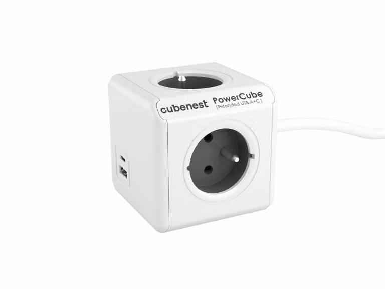 PowerCube Cubenest Extended USB PD 20W, A+C, cavo di prolunga da 1,5 m, grigio - fusibile per bambini, messa a terra, max 16A/250V2500W/50-60Hz