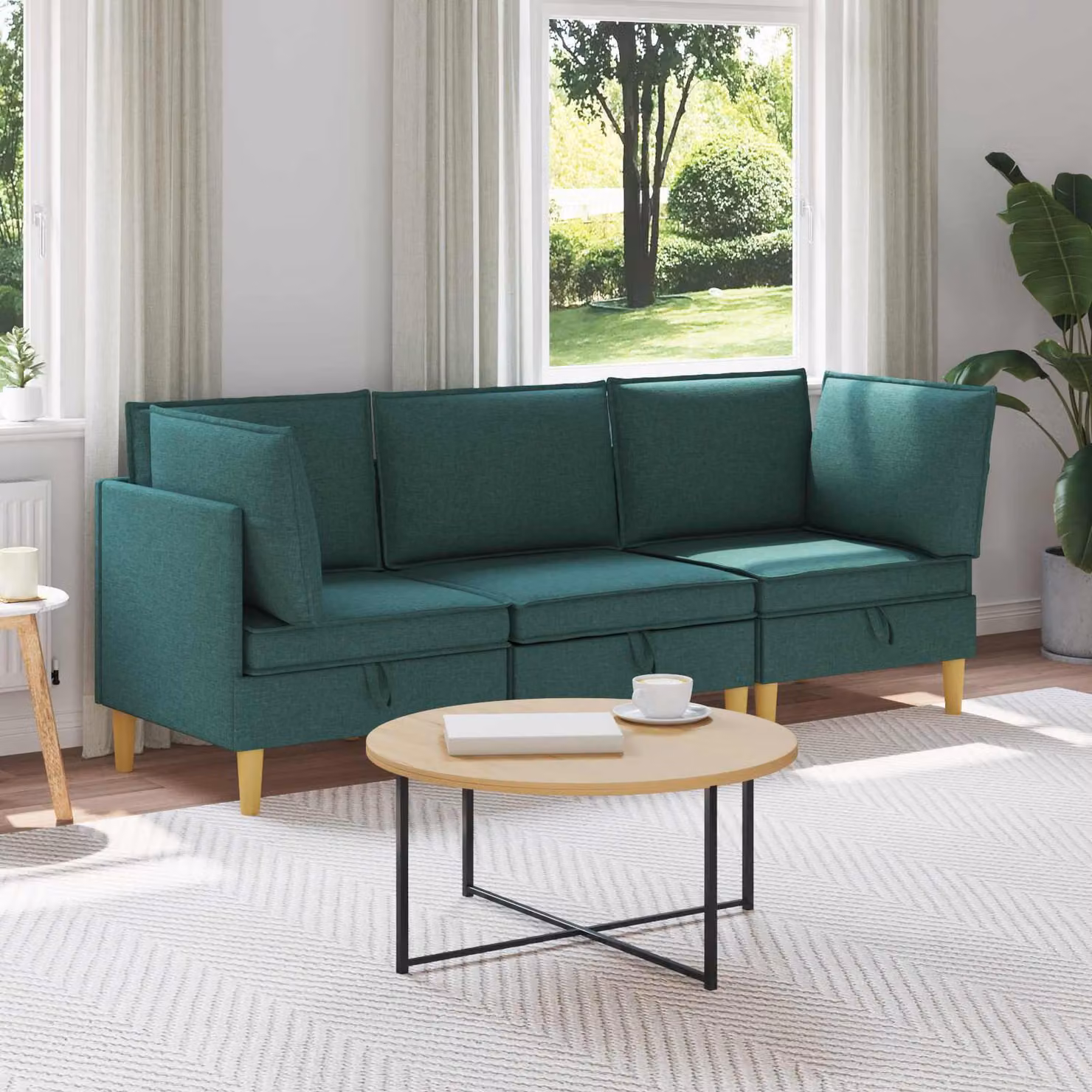 Set di 3 divani modulari vidaXL a forma di L in tessuto verde con spazio di archiviazione e coperture rimovibili L 210 x P 82 x H 70 cm