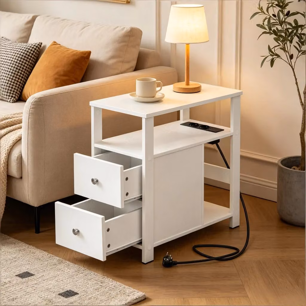 Tavolino da divano Mivray bianco con 2 prese AC, 2 porte USB, 2 cassetti e ripiani aperti, L/P/H: 60 x 60 x 30 cm – 2