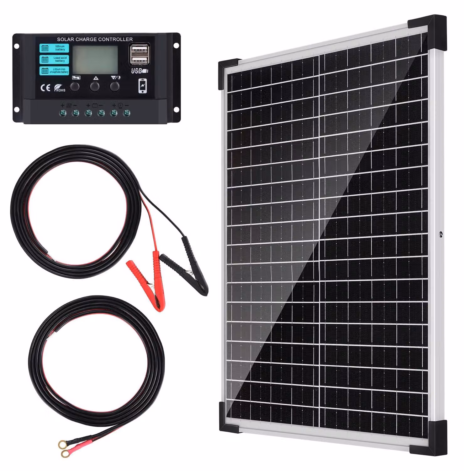 Pannello solare monocristallino - 25 W, 12 V - Telaio in alluminio - Connessione USB-A