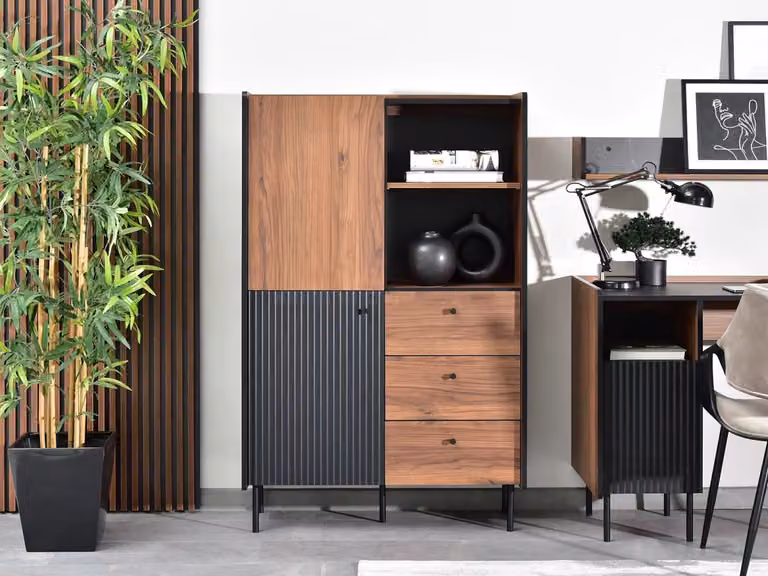 Cassettiera combinata NORLAN con ripiano aperto - noce / nero