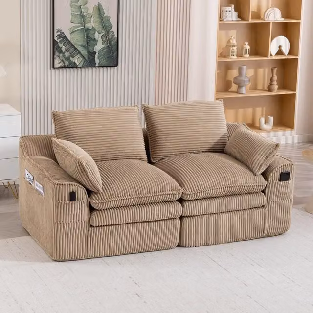 Divano a 2 posti MIVRAY in velluto a coste beige con cuscini inclusi e design moderno per soggiorno o ufficio L: 191 cm, P: 85 cm, H: 94 cm