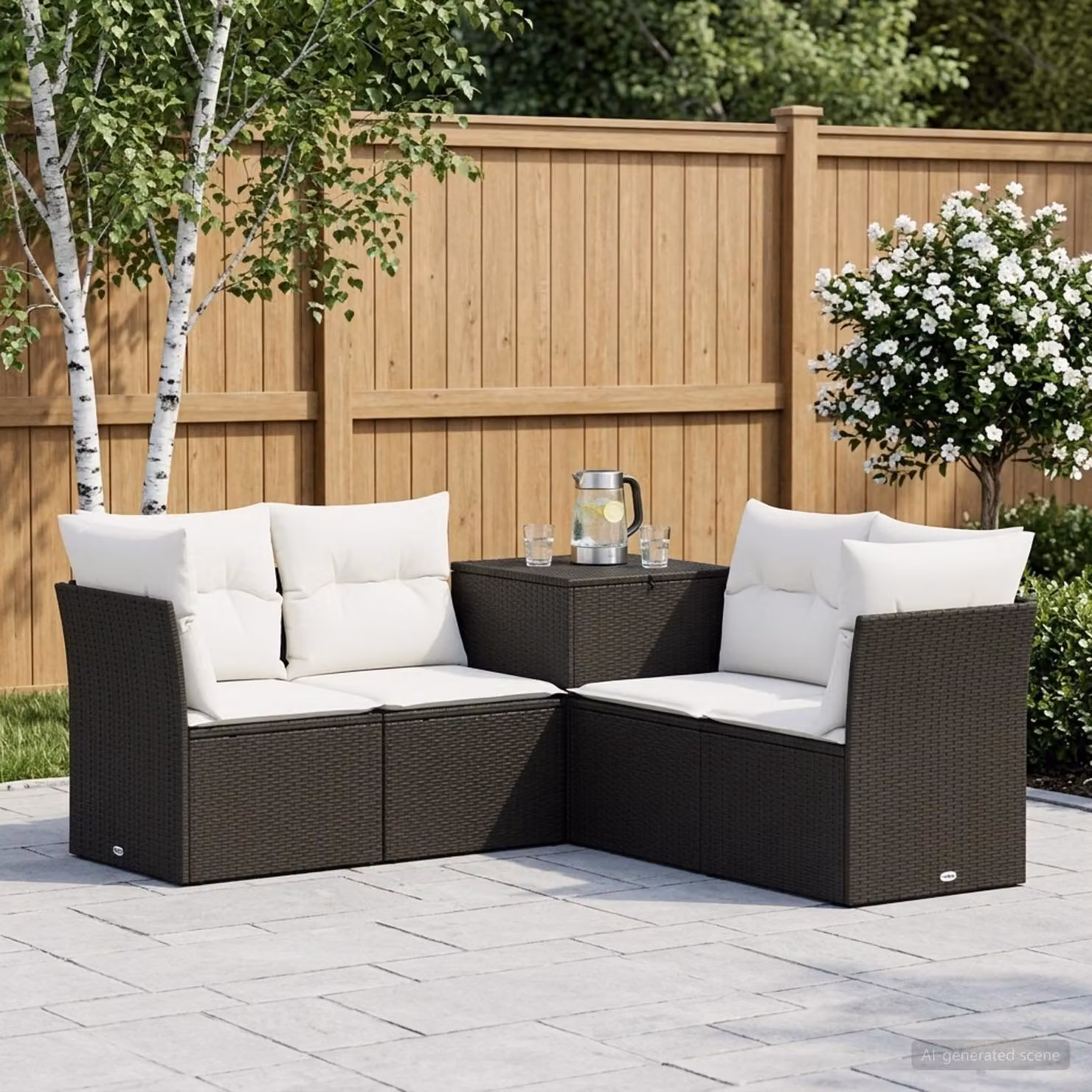 Set di divani da giardino a L vidaXL in polyrattan nero e bianco con cuscini inclusi