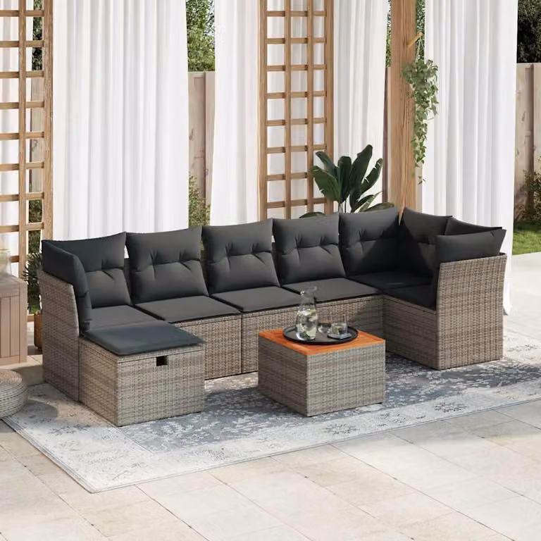 Set Divano da Giardino vidaXL 8 pz in Polyrattan Grigio con Cuscini e Tavolino da Esterno a Forma di L