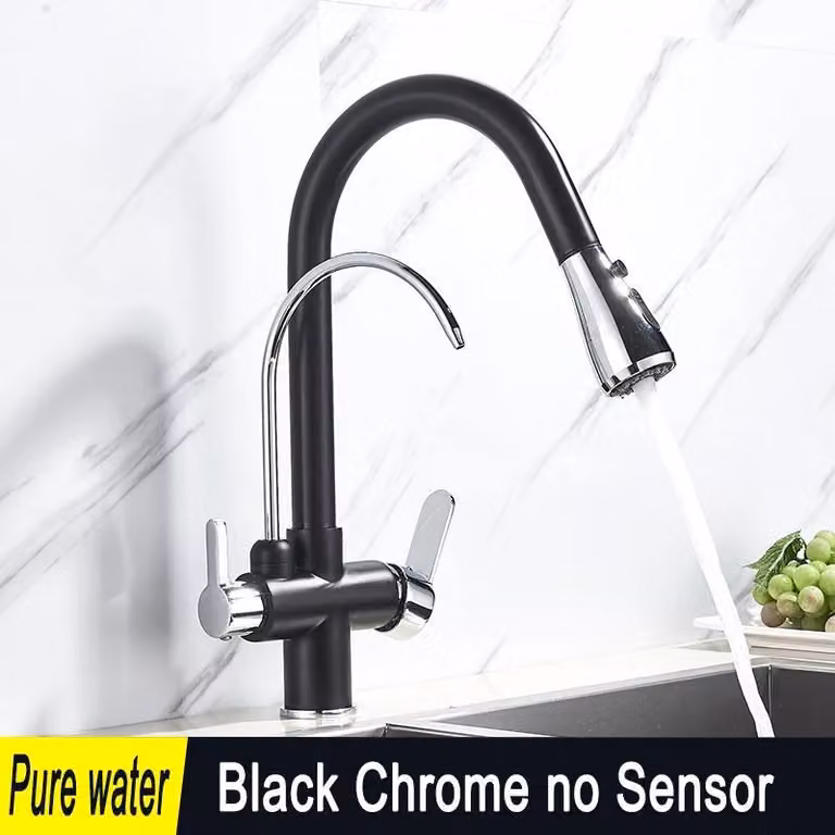 Rubinetto da cucina - Doccetta estraibile - Orientabile a 360° - Doppia maniglia - Montaggio a incasso su piano - Acqua calda e fredda - Filtro per l'acqua - Cartuccia in Vetroceramica - Nichel spazzolato