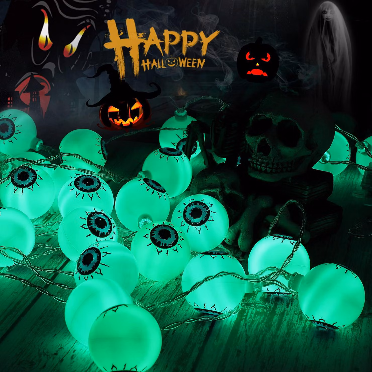 Catena luminosa a tema Halloween, forma di occhi, colore verde, lunghezza 5 metri, 30 LED, alimentazione a batteria