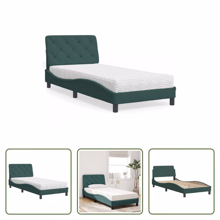 The Living Store Letto con materasso in velluto verde scuro 80x200 cm
