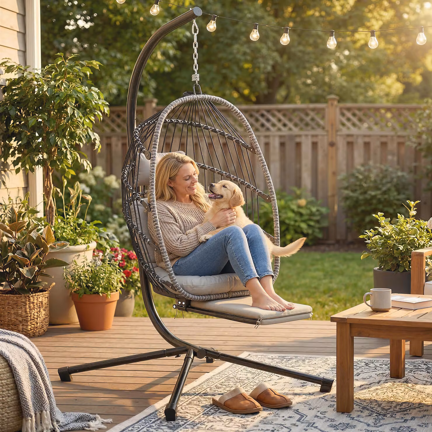 Poltrona sospesa Outsunny con supporto e poggiapiedi retrattile, sedia pieghevole moderna in tessuto grigio chiaro per esterno e giardino – 2
