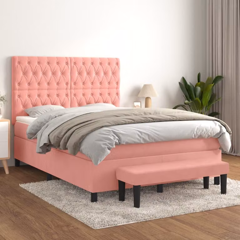 vidaXL Letto con Giroletto a Molle e Materasso Ibrido in Velluto Rosa e Bianco, L/P/H: 144 x 200 x 128 cm