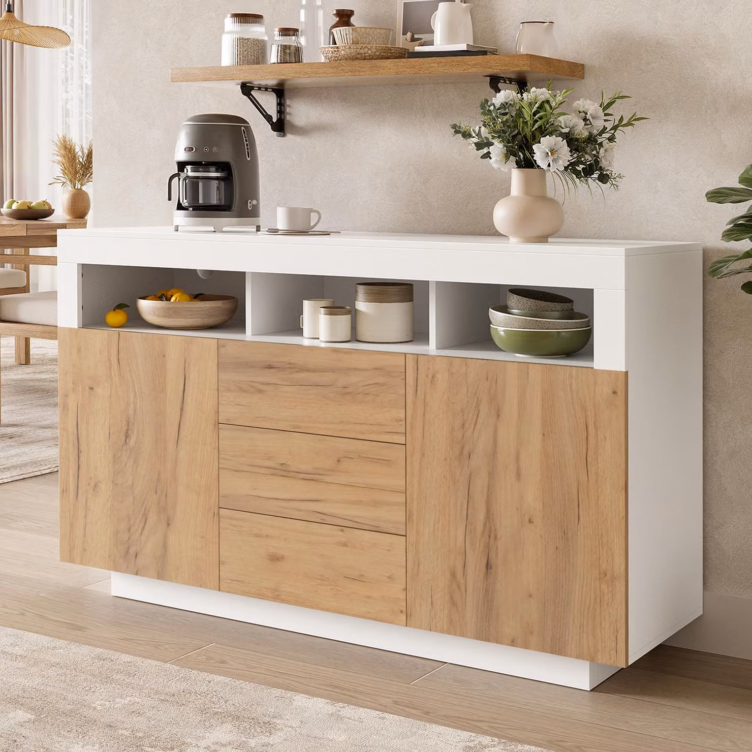 Mobile contenitore Flieks con 3 cassetti e 2 ante, armadietto, mobiletto contenitore 140x40x85 cm, aspetto legno naturale e bianco