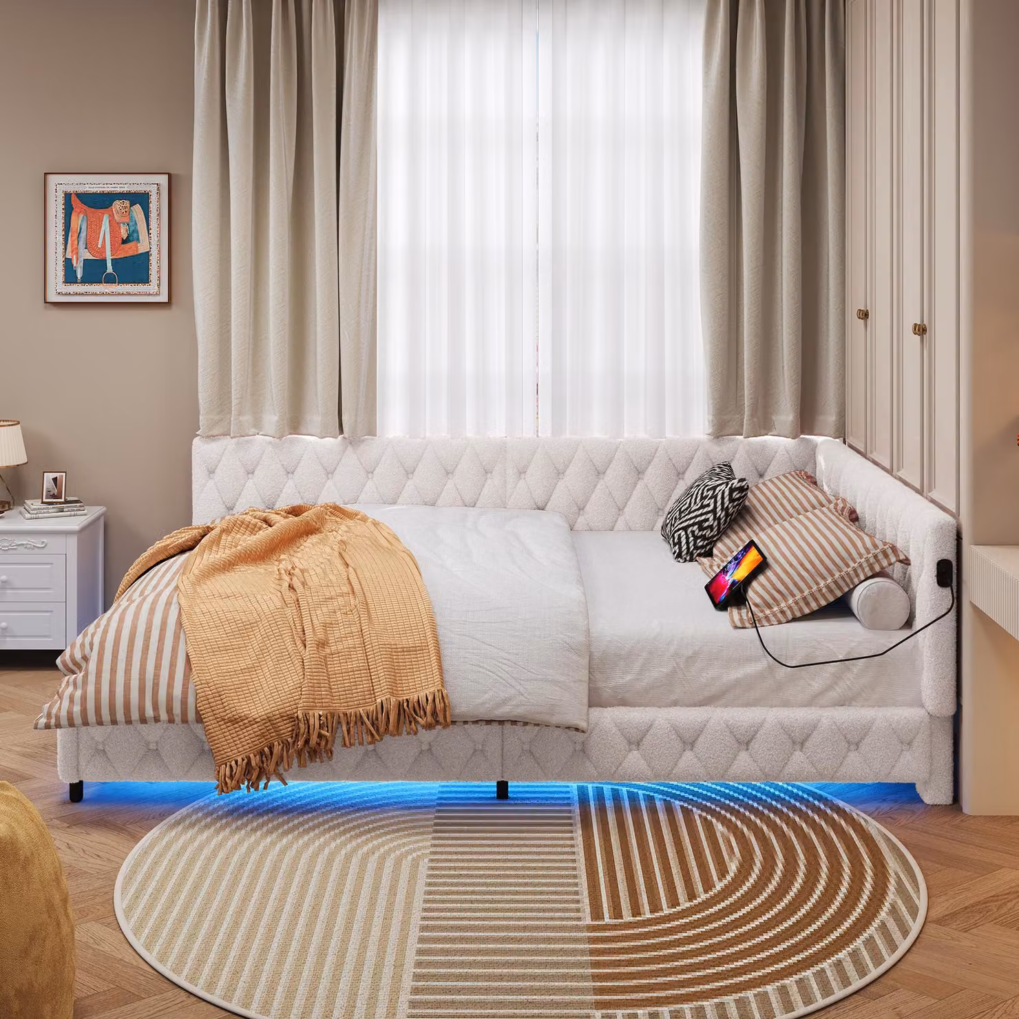 Letto imbottito multifunzionale 140 x 200 cm – Divano letto con illuminazione a LED e porta USB, ideale per la camera degli ospiti – Beige