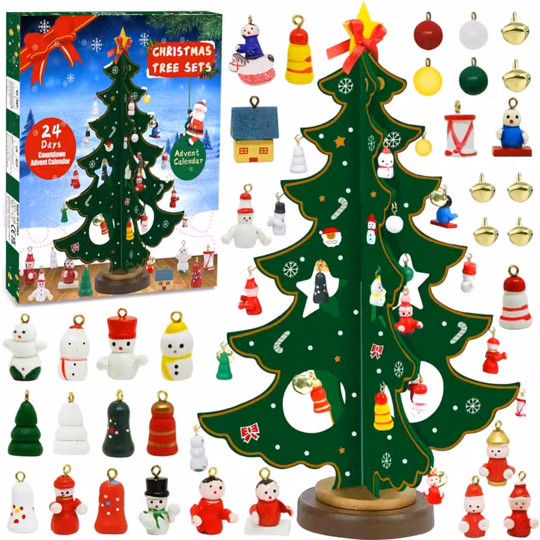 Calendario dell'Avvento 2025, confezione da 24 pezzi. Mini albero di Natale con 29 decorazioni