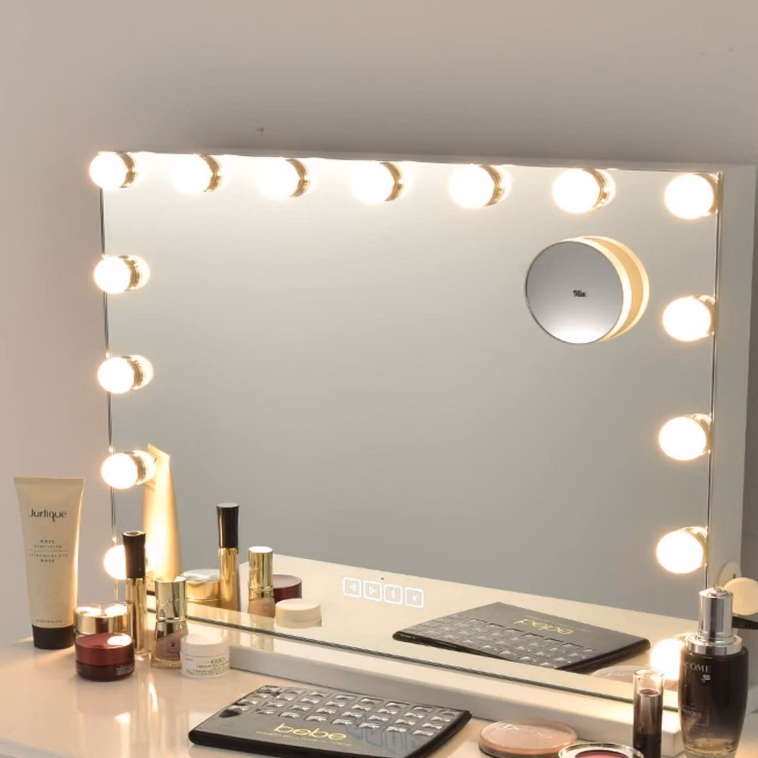 Specchio da trucco con 15 LED, 3 modalità di illuminazione, Bluetooth, USB, ingrandimento 10x, controllo touch, stile Hollywood, dimensioni 58 x 48 cm