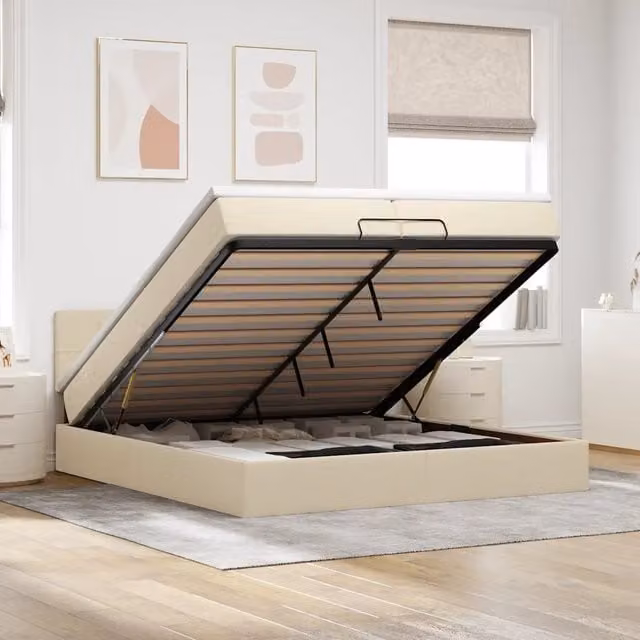 Letto con contenitore a sollevamento vidaXL in tessuto beige e bianco con illuminazione sottostante e porta USB L: 200 cm, P: 200 cm, H: 280 cm – 1