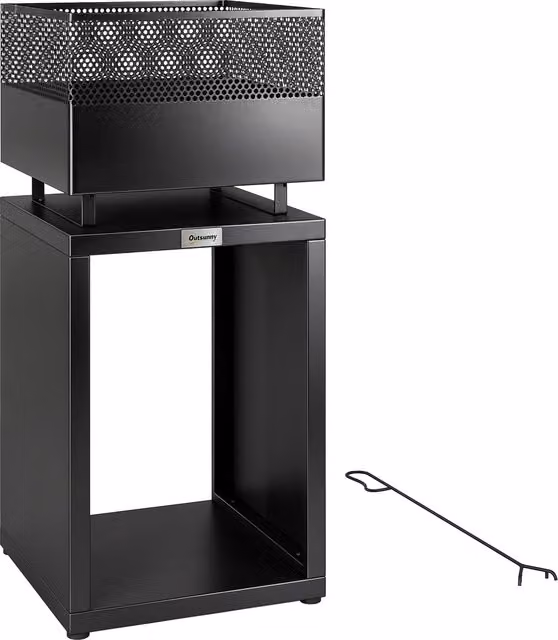 Braciere Outsunny Nero con deposito legna e griglia per carbone, H 87 x L 39 x P 39 cm – 1