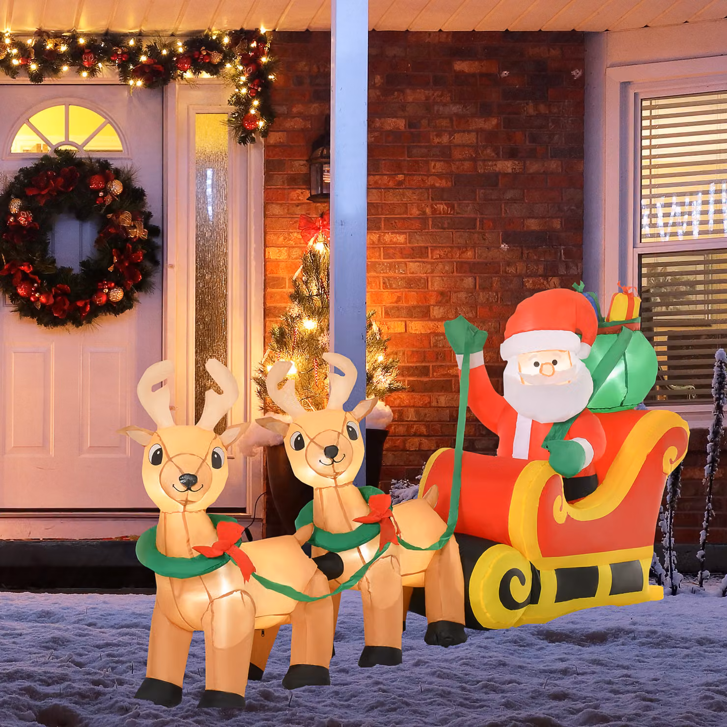 Decorazione di Natale Gonfiabile HOMCOM con Babbo Natale, Slitta e 2 Renne, Luci LED e Tessuto Poliestere Impermeabile, L 240 x P 57 x H 112 cm – 2