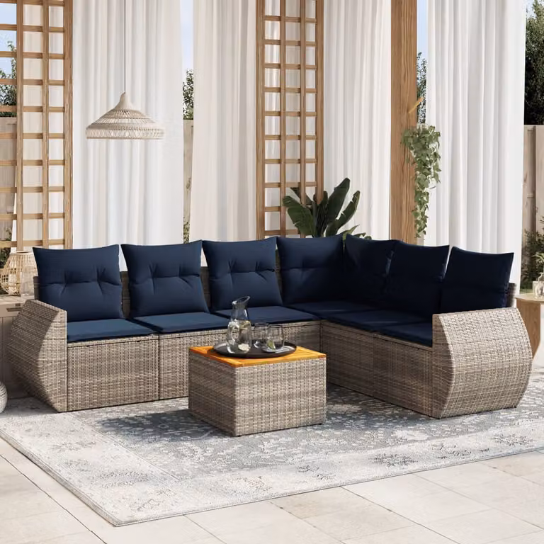 Set da giardino vidaXL in polyrattan composto da 7 pezzi con cuscini grigi e tavolino da esterno in stile moderno