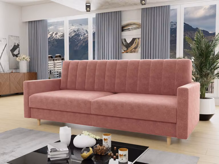 Divano letto Sara - Divano con contenitore e funzione letto, divano letto, divano letto con piedini in legno, velluto (rosa (Kronos 29))