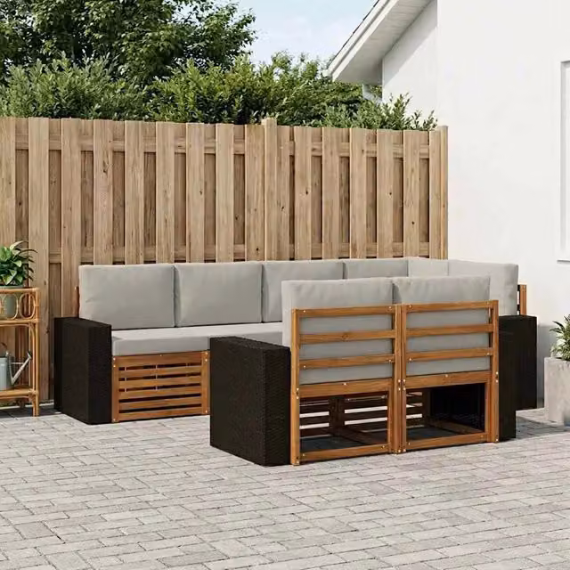 Set di divani da esterno a L vidaXL in legno di acacia con 7 pezzi, beige e grigio