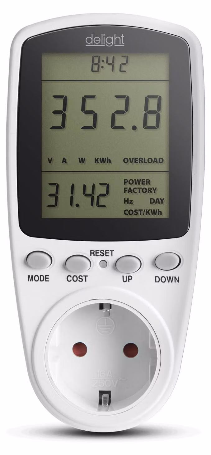 Contatore di consumo energetico – Contatore elettrico con calcolo dei costi – Display LCD – Misura tensione, corrente, frequenza e potenza – 16 A / 3680 W – Funzione di memoria in caso di interruzione di corrente – Grado di protezione IP20 – Bianco – Per